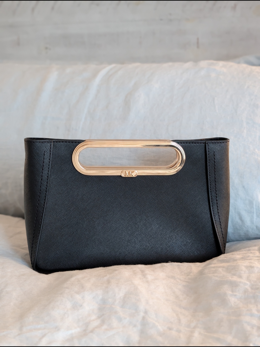 Michael Kors Black Structured Evening Bag Gold Hardware No Strap Leather